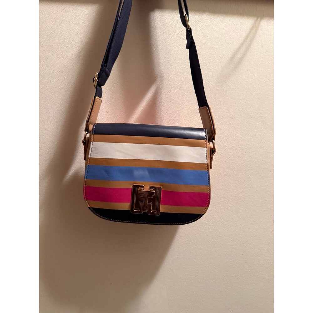 Tommy Hilfiger Genuine, Leather  Stripped Saddle Crossbody Bag EUC